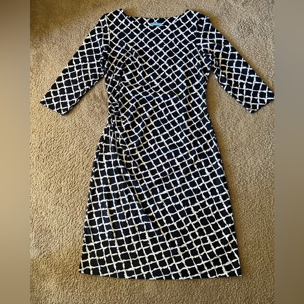 J. McLaughlin Navy White Printed Rouched Side Detail Catalina Cloth Midi Dress L